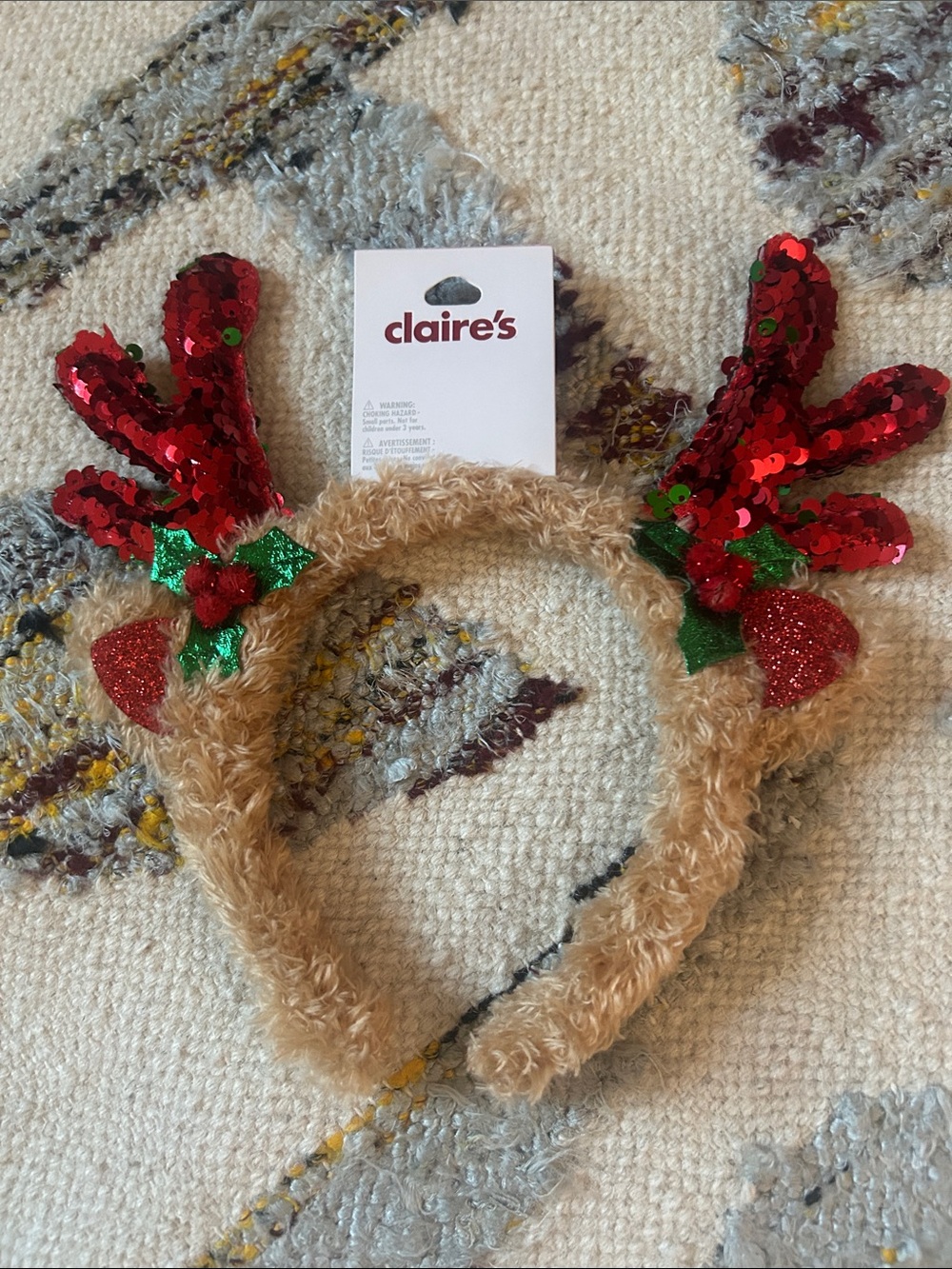 Claire's Red Sequin Reindeer Antler Headband with Tan Faux Fur